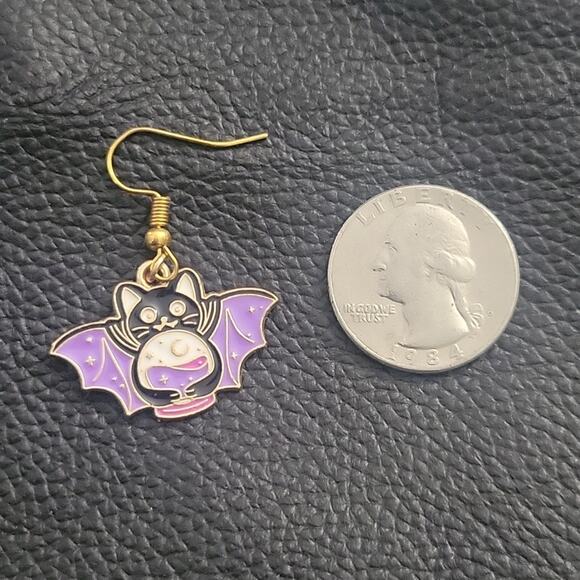 Witchy cat bat enamel earrings gold tone hooks purple black & white design - Picture 3 of 3